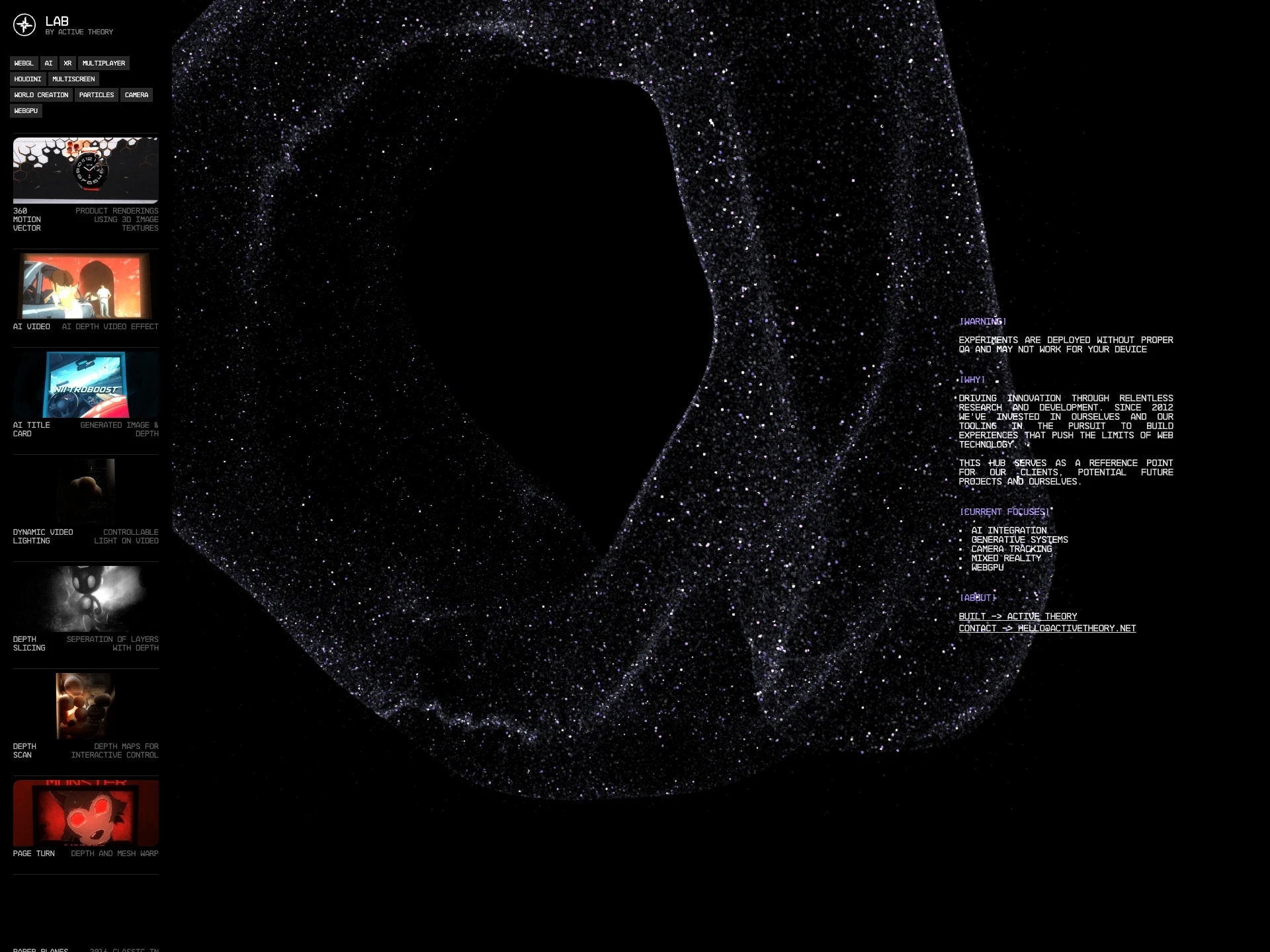 Active Theory Experiments Hub